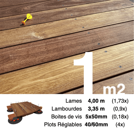 Kit complet terrasse bois exotique cumaru pour 1 m², lames 4 m, lambourdes 3,35 m, plots réglables et visserie inox.