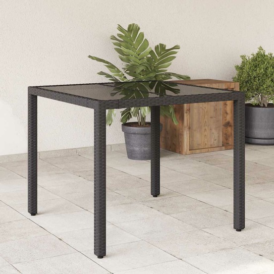 Table de jardin dessus en verre noir 90x90x75 cm résine tressée