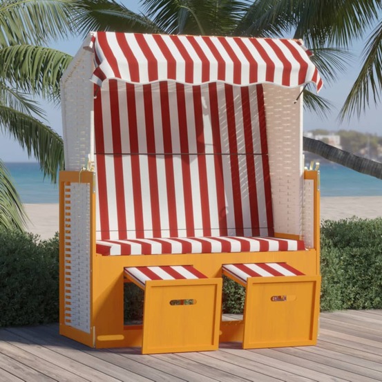 Strandkorb avec auvent résine tressée bois solide rouge blanc
