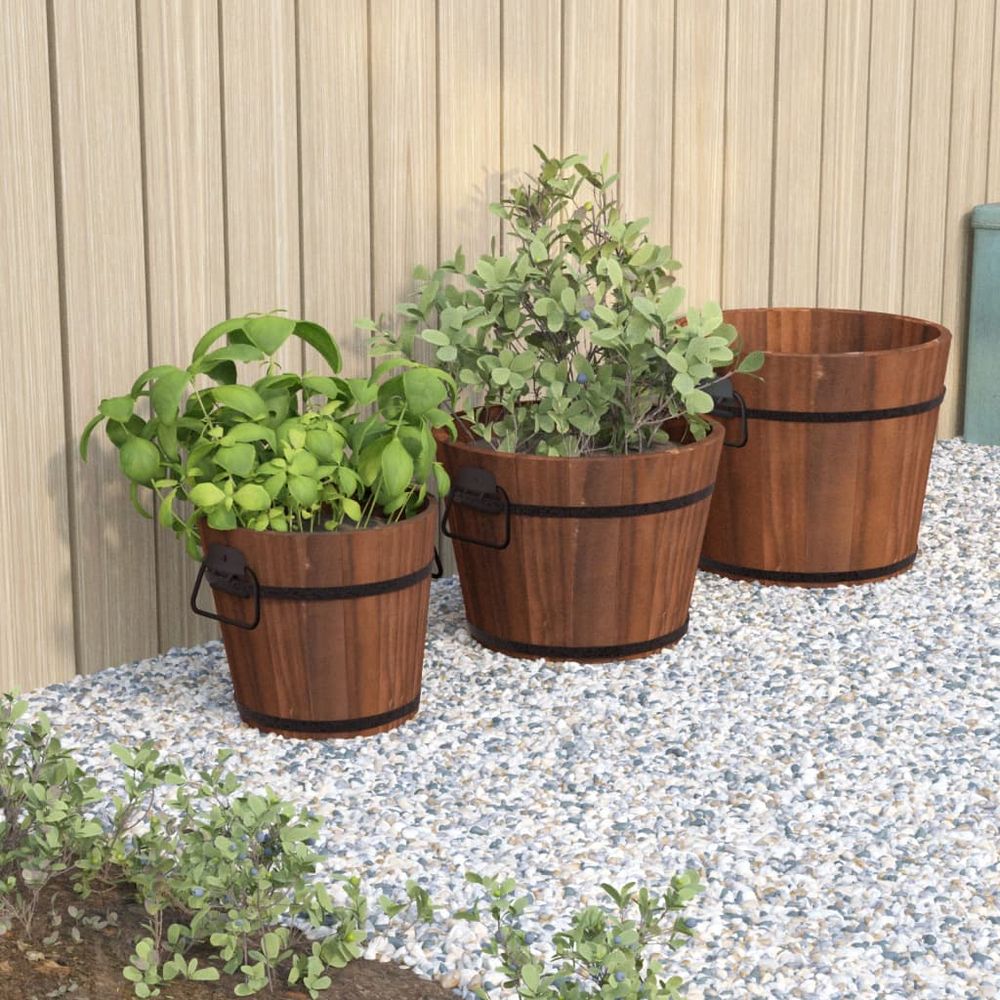 Lot de 3 pots de fleurs style seau en bois de sapin avec poignées métal
