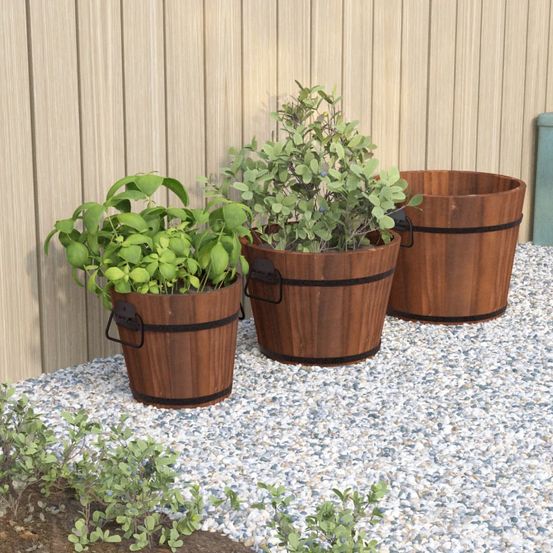Lot de 3 pots de fleurs style seau en bois de sapin avec poignées métal