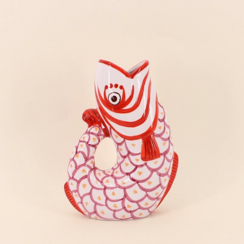 Vase forme poisson en dolomite rouge, blanc 25cm