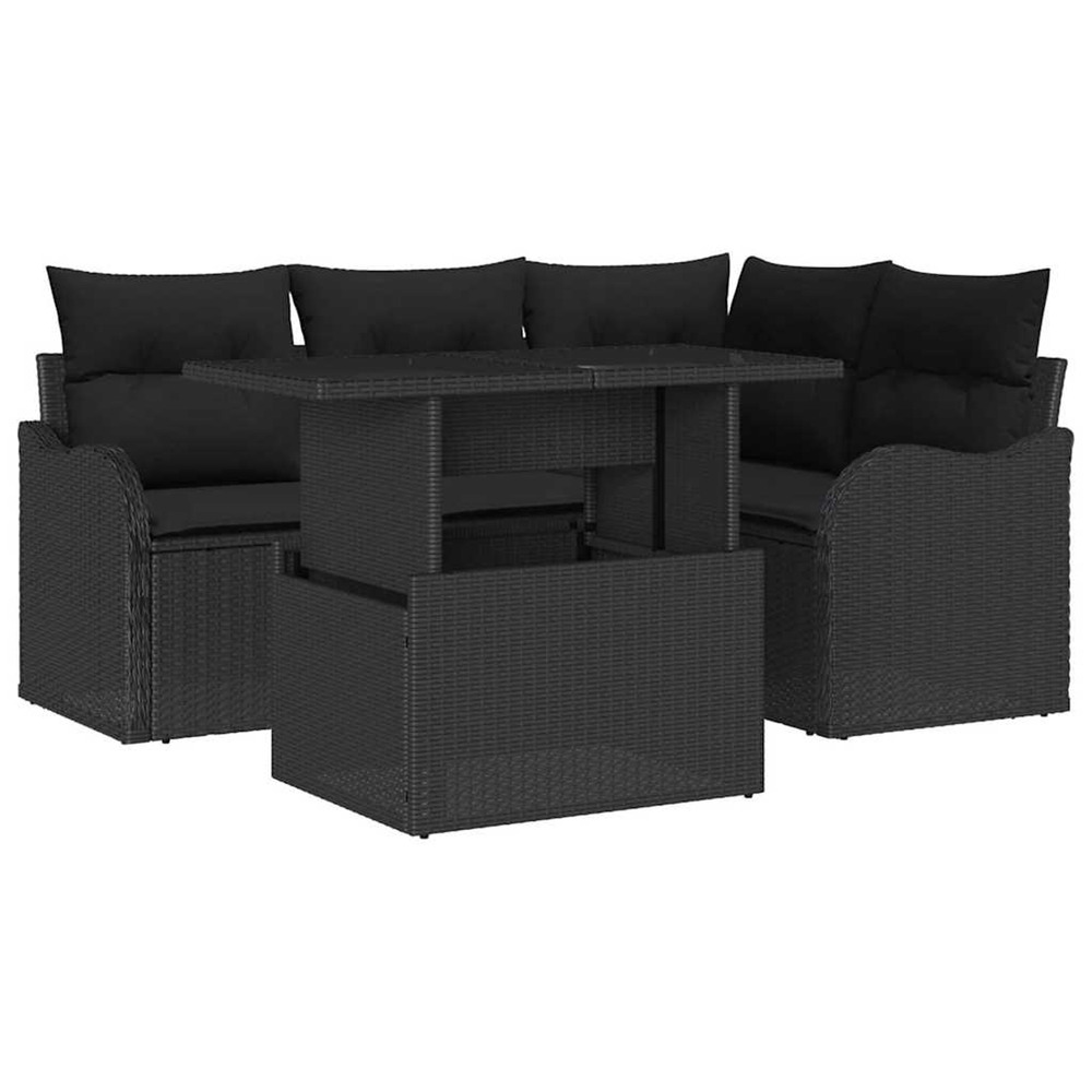 Ensemble de repas extérieur avec coussin 5 pcs noir poly rotin