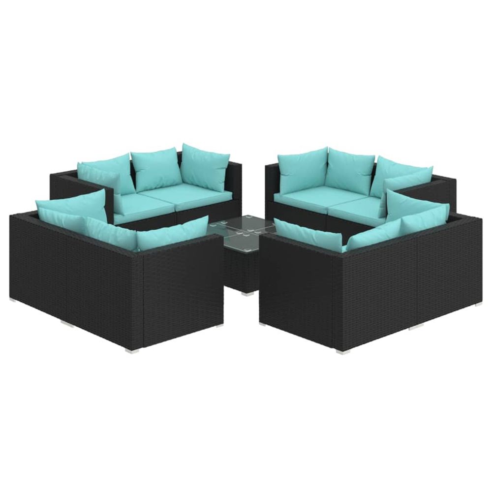 Salon de jardin 9 pcs avec coussins résine tressée noir