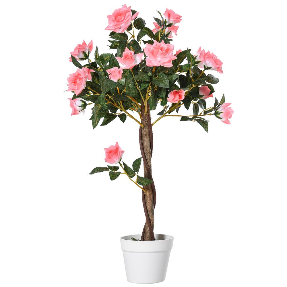 Rosier artificiel 21 fleurs pe 90 cm rose intérieur extérieur avec pot stable sans entretien