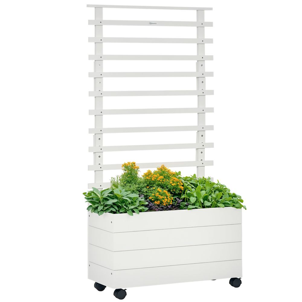 Jardinière sur pied bois balcon treillis plantes grimpantes 4 roues 76x30x155cm blanc