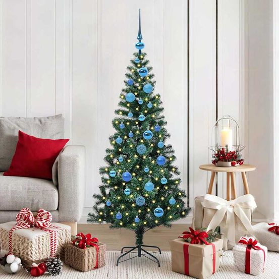 Arbre de noël 150cm pré-décoré et lumineux, kit avec 150 led 8 modes et 61 ornements argentés