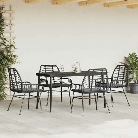 Ensemble à manger de jardin et coussins 5 pcs noir rotin verre