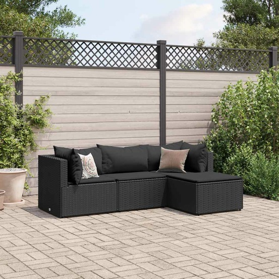 Salon de jardin 4 pcs avec coussins noir résine tressée