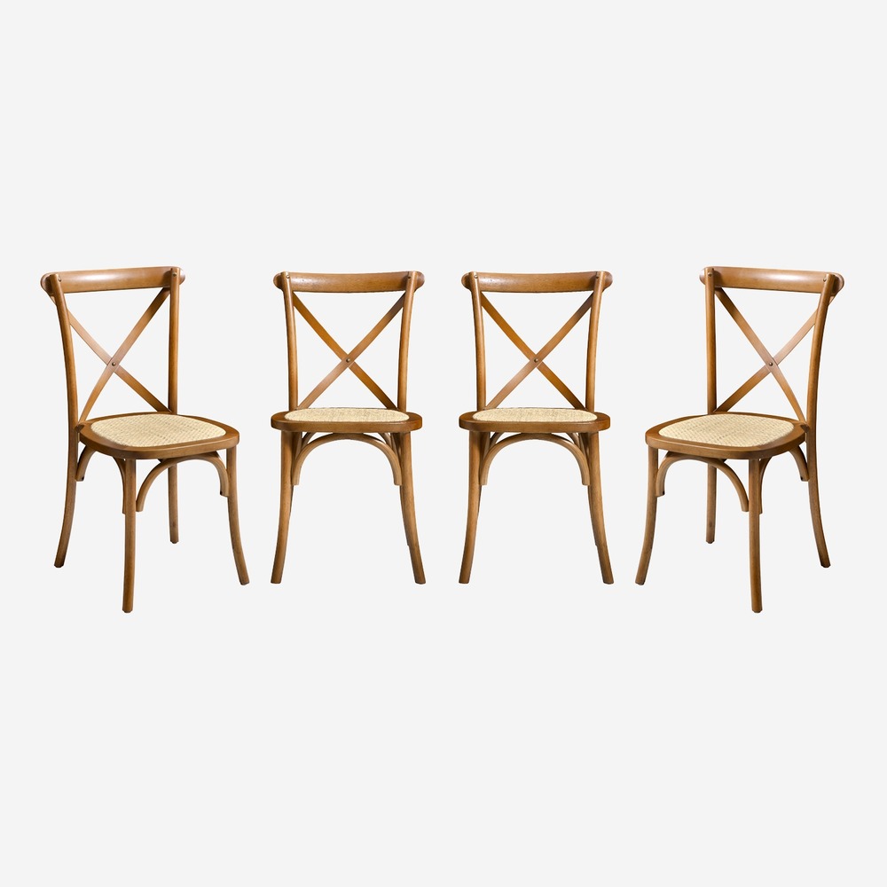 Lot de 4 chaises de bistrot en bois, vintage, assise en rotin, empilables