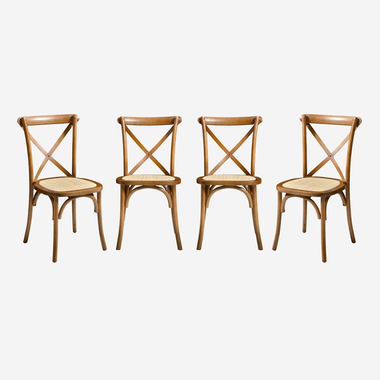 Lot de 4 chaises de bistrot en bois, vintage, assise en rotin, empilables