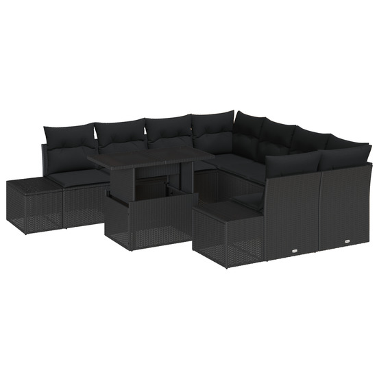 Ensemble de canapé de jardin 9 pièces avec coussins noir en poly rotin