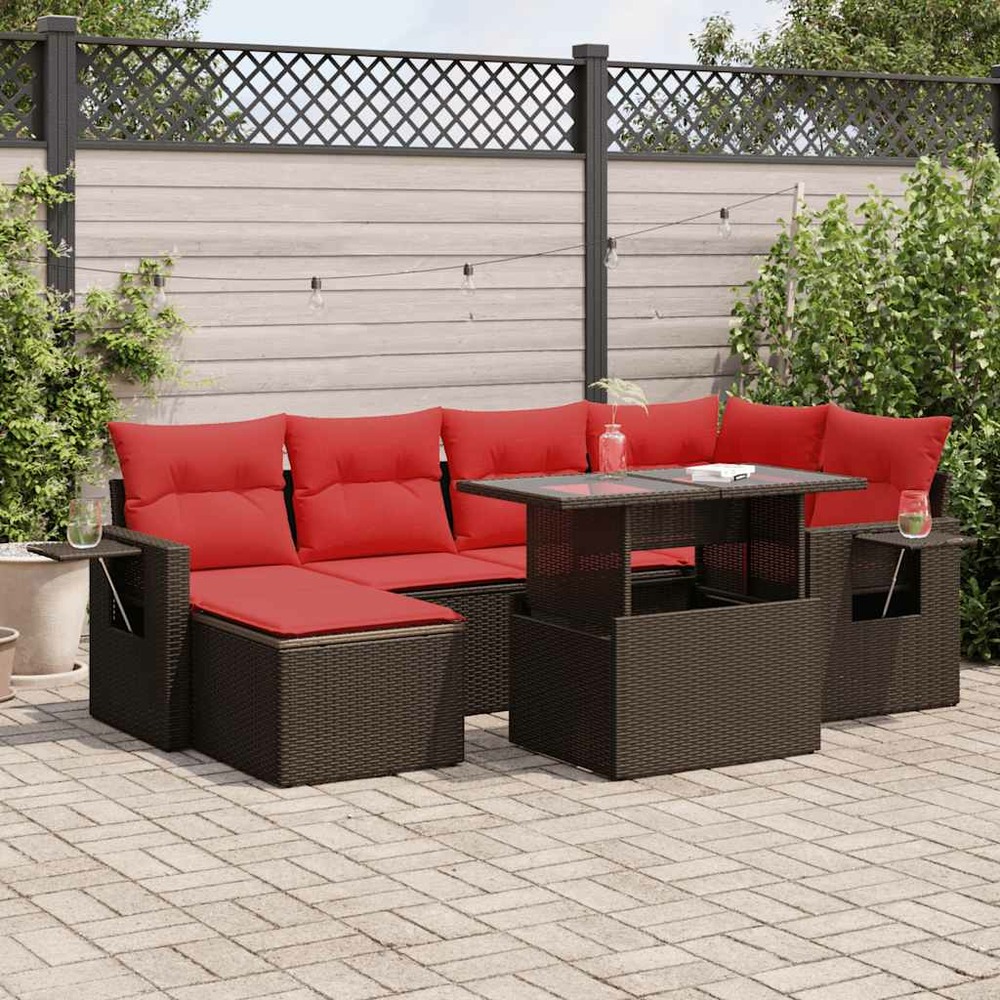 Salon de jardin avec coussins 7pcs marron résine tressée acacia