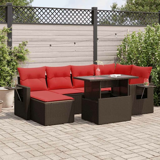 Salon de jardin avec coussins 7pcs marron résine tressée acacia