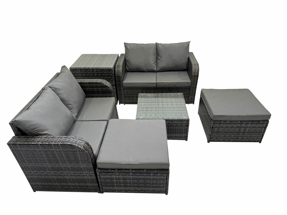 6 places dossier haut salon de jardin avec table basse carrée 2 grand tabourets canapé d'amour ensemble de canapés en rotin