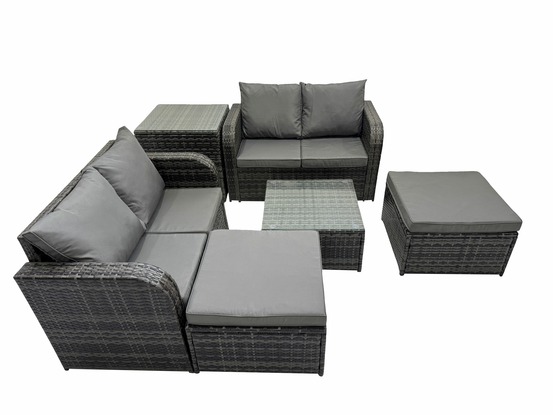 6 places dossier haut salon de jardin avec table basse carrée 2 grand tabourets canapé d'amour ensemble de canapés en rotin