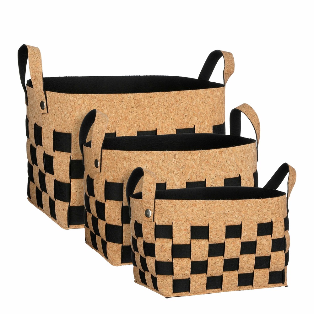 Mica decorations panier de rangement - lot de 3 - l40 x l30 x h30 cm - liège/feutre - noir