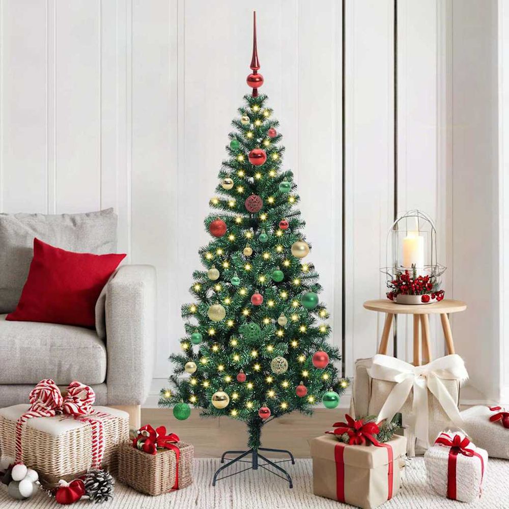 Sapin artificiel 150cm complet : 150 led intégrées et 61 boules pour une déco rapide et facile