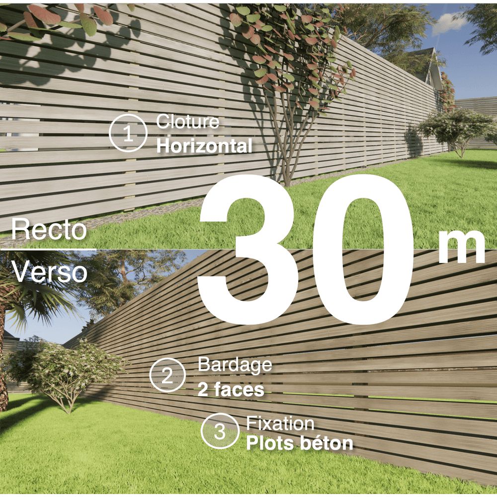 Kit clôture bois moderne 30m – h 2,3m – 20 x 70 mm autoclave gris – pose horizontal – double face – à sceller