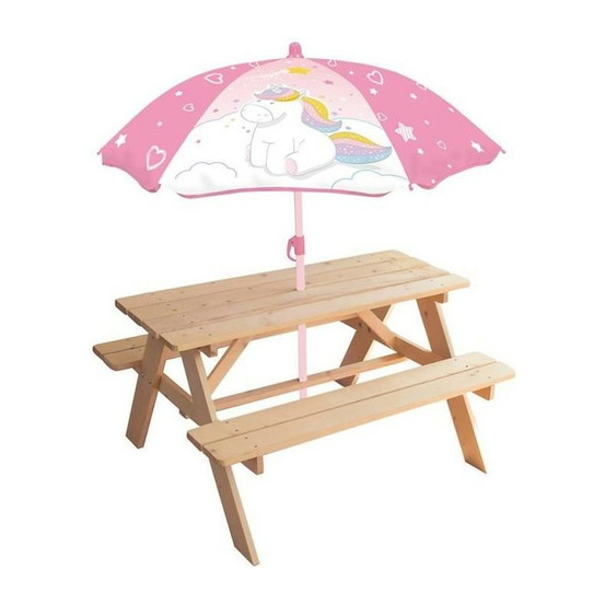 Fun house licorne table pique-nique en pin h.53 x l.95 x p.75 cm avec parasol h.125 x ø 100 cm - pour enfant
