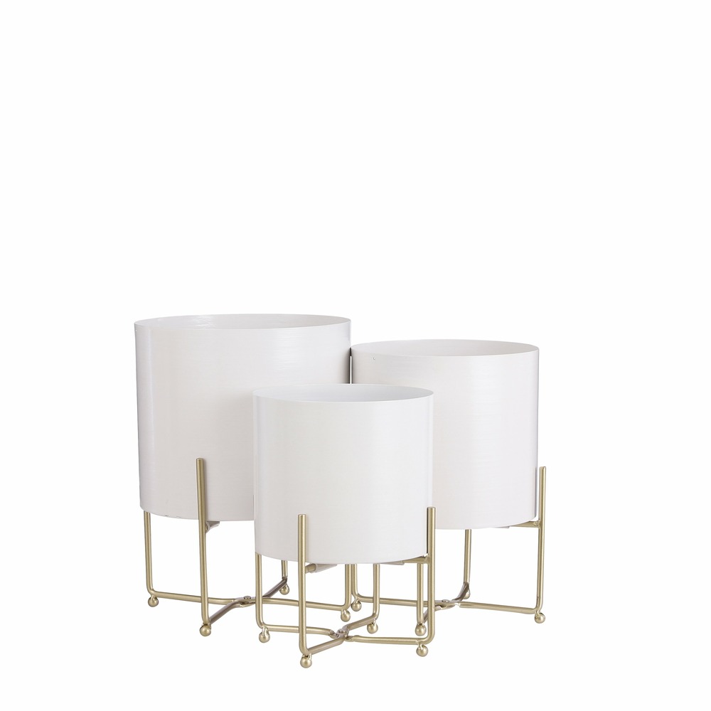 Mica decorations - 3 cache-pots et pieds en métal blanc h32