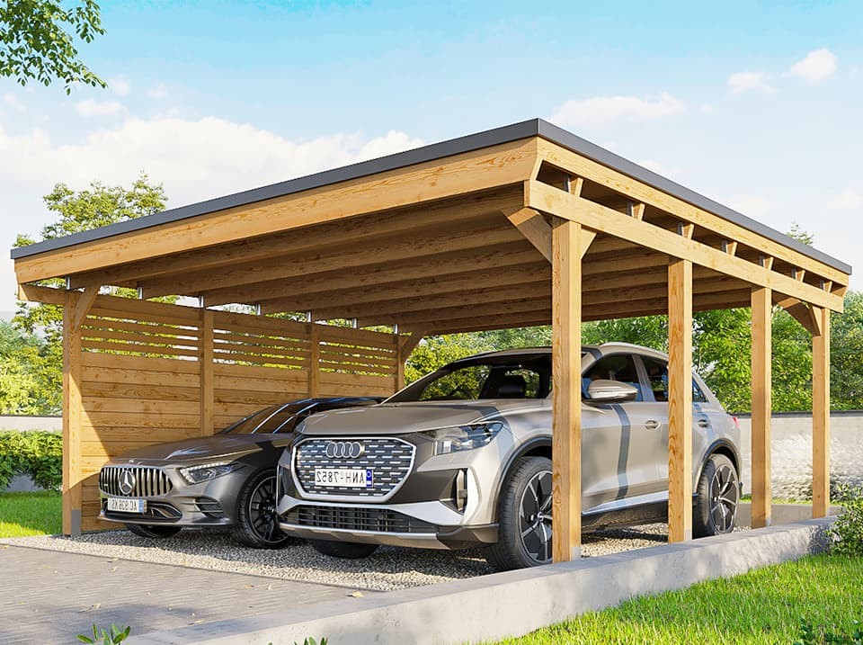 Carport bois castellane - 558x555 - panneau latéral intégré - toiture en bois + feutre bitumeux - abri 2voiture