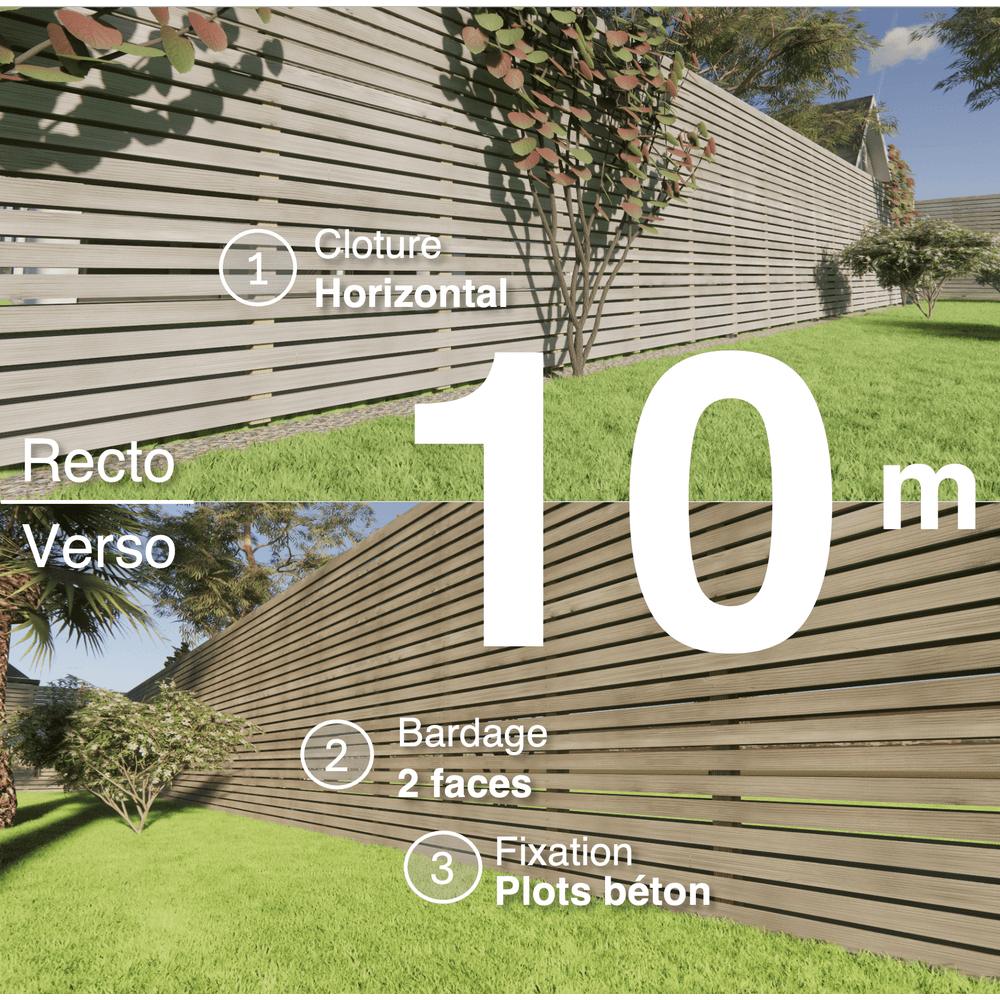 Kit clôture bois moderne 10m – h 2,3m – 20 x 70 mm autoclave gris – pose horizontal – double face – à sceller