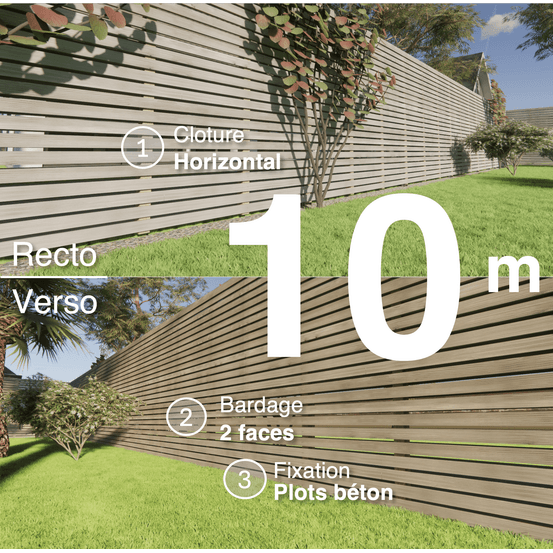 Kit clôture bois moderne 10m – h 2,3m – 20 x 70 mm autoclave gris – pose horizontal – double face – à sceller
