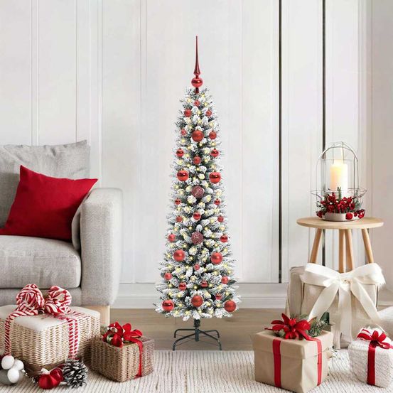 Petit sapin de noël floconné 1.20m, pré-illuminé 150 led blanc chaud & décorations
