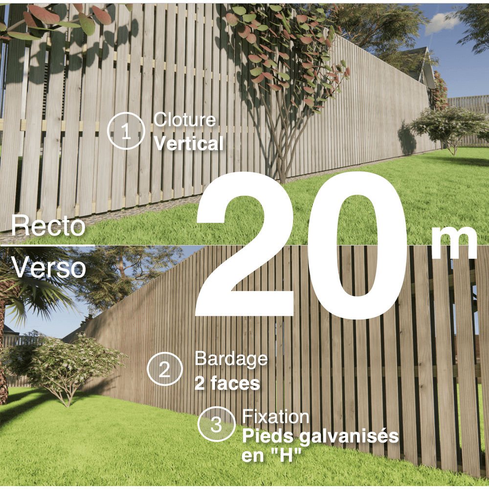 Kit clôture bois moderne 20m – h 2,3m – 20 x 70 mm autoclave gris – pose vertical – double face – support galva