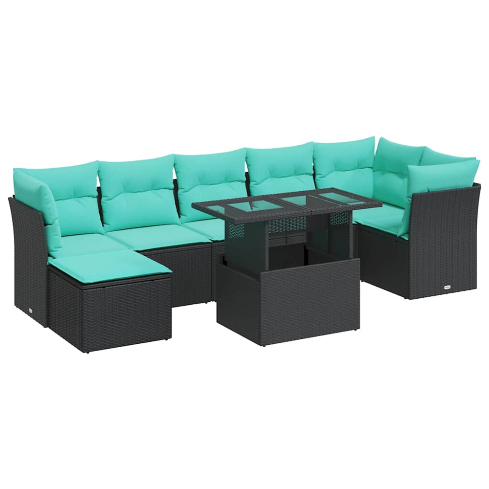 Salon de jardin avec coussins 8 pcs noir résine tressée acacia