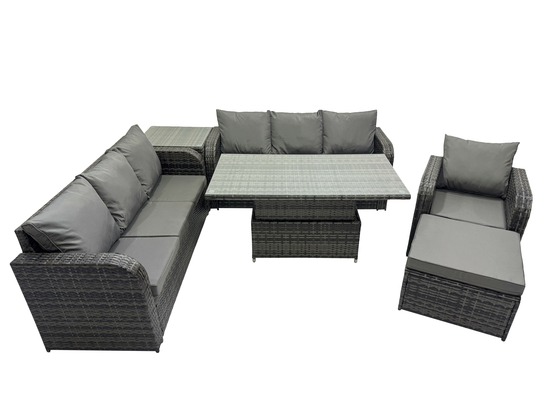 Salon de jardin table à manger réglable en hauteur canapé avec chaise inclinable grand tabouret table d'appoint gris foncé mixte