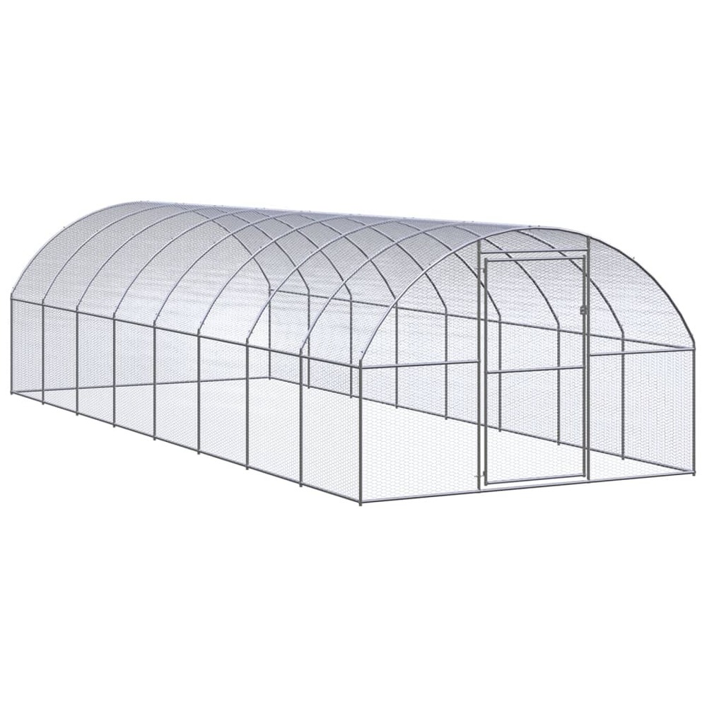 Poulailler enclos cage poules d'extérieur 3 x 8 x 2 m acier galvanisé argent