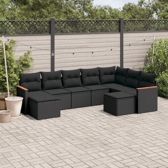 Salon de jardin 9 pcs avec coussins noir résine tressée