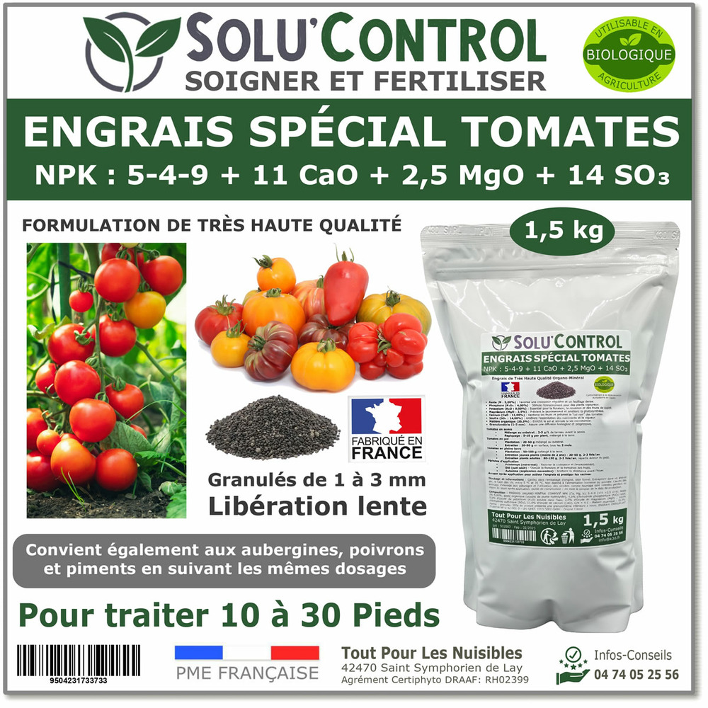 1,5 kg d' engrais spécial tomates, aubergines, poivrons, piments - solucontrol - formulation haute qualité organo-minerale - uab