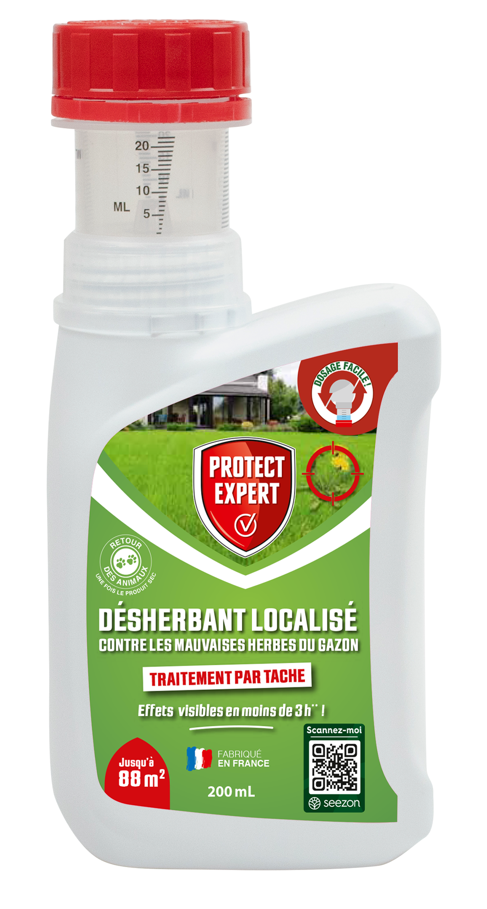 Protect Expert désherbant concentré gazon – 225ml, 88m², action localisée contre mauvaises herbes, avec bidon doseur