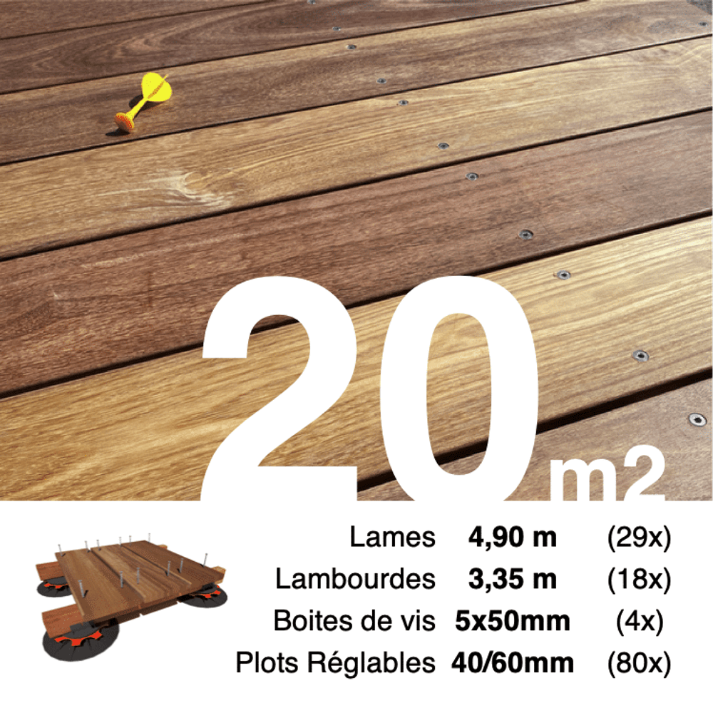 Kit complet terrasse bois exotique cumaru pour 20 m², lames 4,9 m, lambourdes 3,35 m, plots réglables et visserie inox.