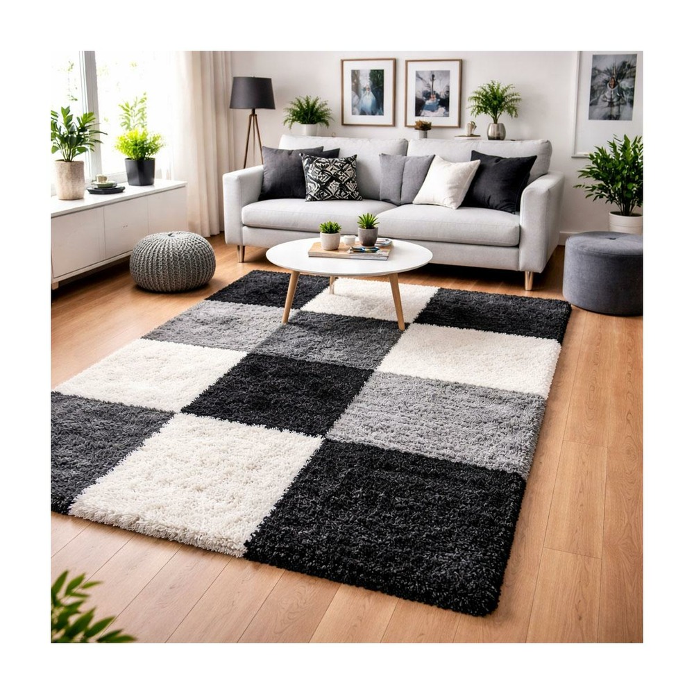 Tapis poils longs shaggy 120x170 rectangle tissé gris et noir motif damier