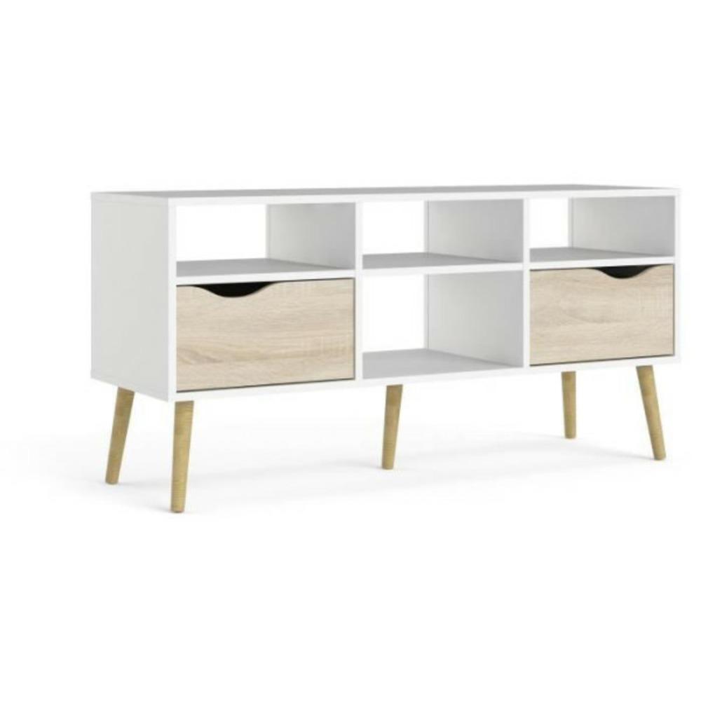 Meuble tv - 4 niches 2 tiroirs - blanc / chene - 117,2 x 39,1 x 57,4 cm aro