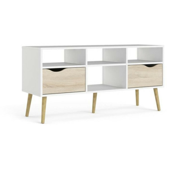 Meuble tv - 4 niches 2 tiroirs - blanc / chene - 117,2 x 39,1 x 57,4 cm aro