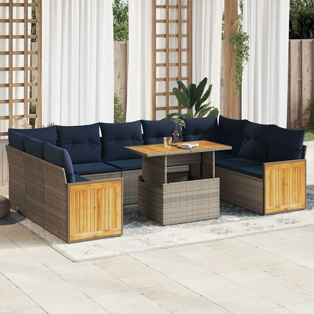 Salon de jardin avec coussins 10 pcs gris résine tressée acacia