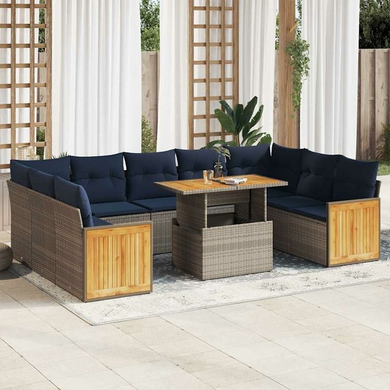 Salon de jardin avec coussins 10 pcs gris résine tressée acacia