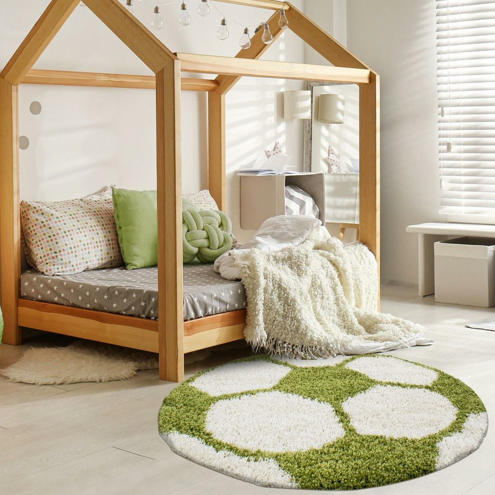 Tapis enfant ø120cm rond tissé vert et crème shaggy foot