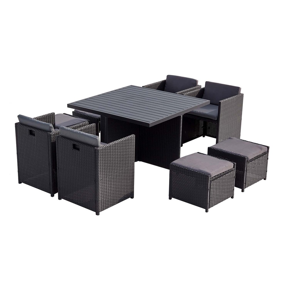 Table et chaises 8 places encastrables alu et résin noir-gris sunset