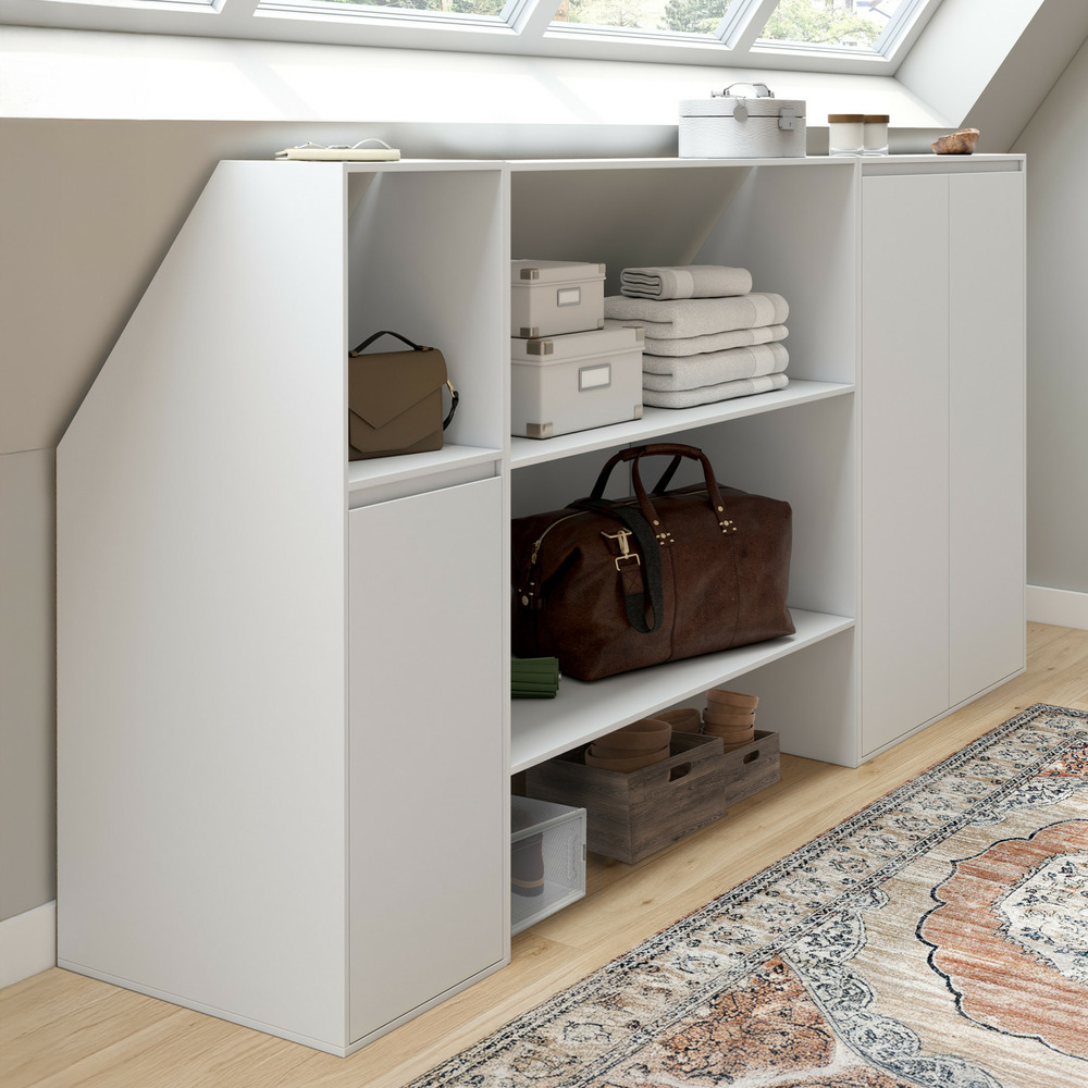 Ensemble étagère 2 niveaux, armoire 2 portes et armoire 1 porte + 1 niche sous pente tomi blanc