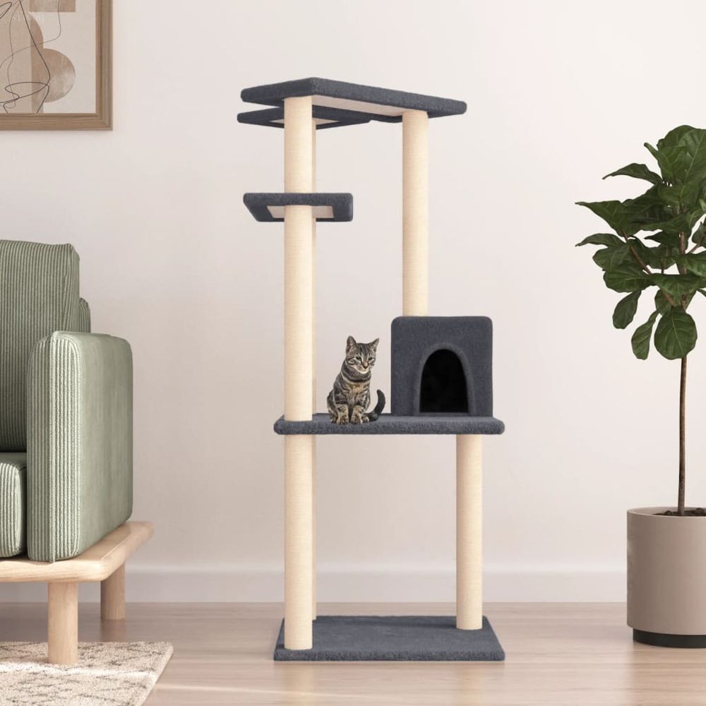 Arbre à chat 123 cm avec niche et plateformes griffoir gris foncé