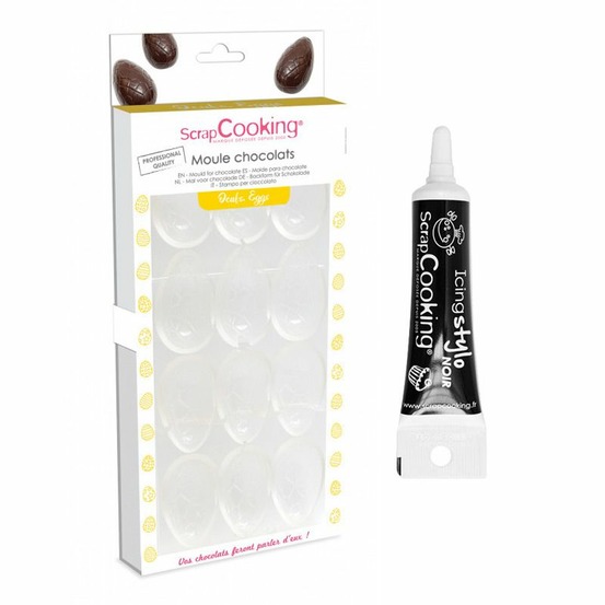 Moule rigide pour 6 oeufs en chocolat + stylo de glaçage noir