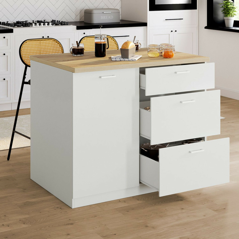 Ilot central tibo 110 cm casserolier 3 tiroirs bois blanc avec plan de travail façon hêtre