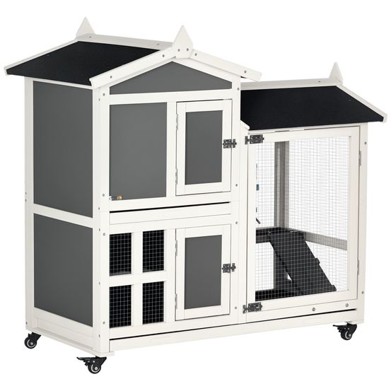 Clapier lapin bois sur roues extérieur 2 niveaux tiroir amovible 110x60x104cm