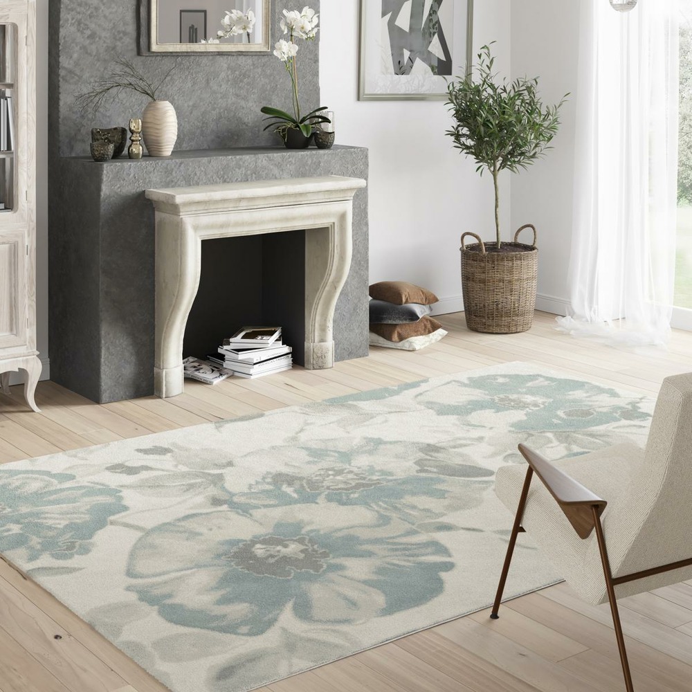 Tapis chambre 120x170 tissé crème et gris rectangle motif floral lucen 3